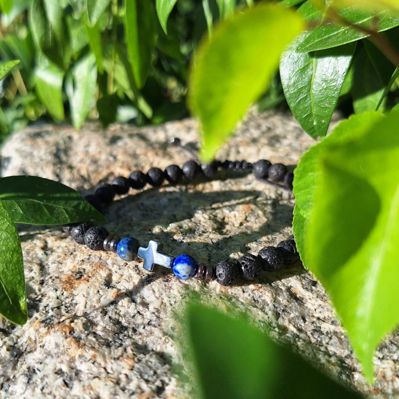 Lawa wulkaniczna, lapis lazuli i hematyt - bransoletka regulowana