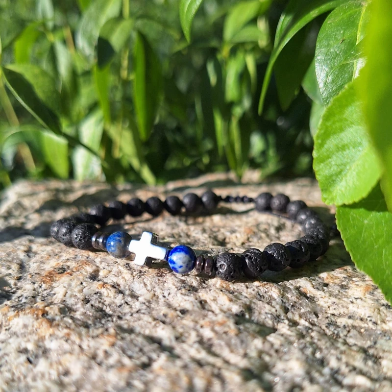 Lawa wulkaniczna, lapis lazuli i hematyt - bransoletka regulowana