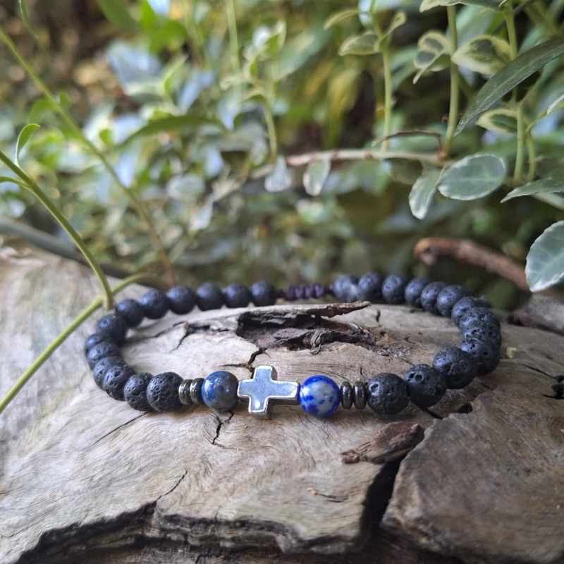 Lawa wulkaniczna, lapis lazuli i hematyt - bransoletka regulowana