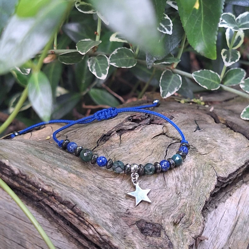 Agat mszysty, lapis lazuli i hematyt - bransoletka regulowana