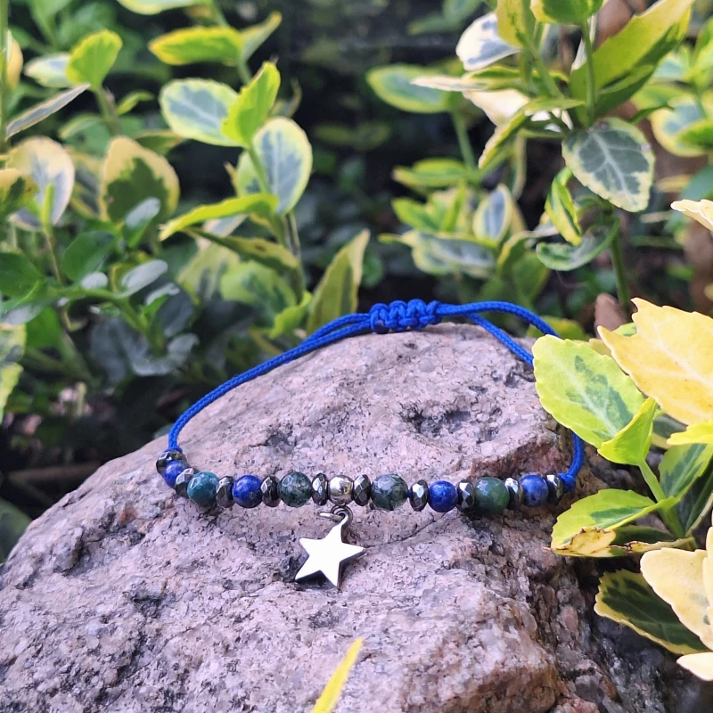 Agat mszysty, lapis lazuli i hematyt - bransoletka regulowana