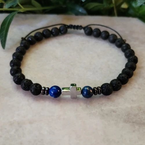 Lawa wulkaniczna, lapis lazuli i krzyż z hematytu - bransoletka regulowana