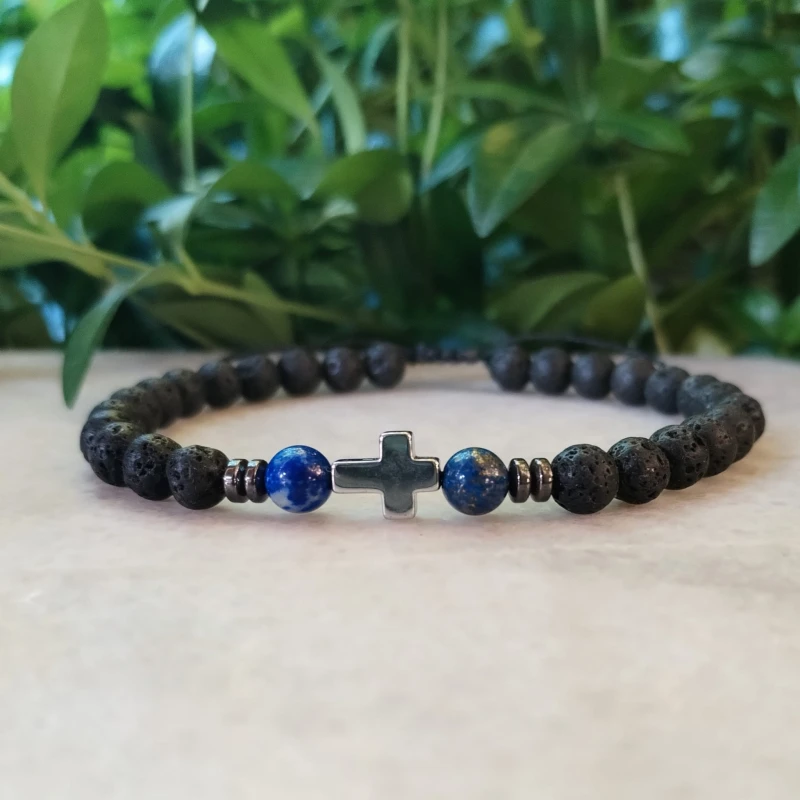 Lawa wulkaniczna, lapis lazuli i krzyż z hematytu - bransoletka regulowana